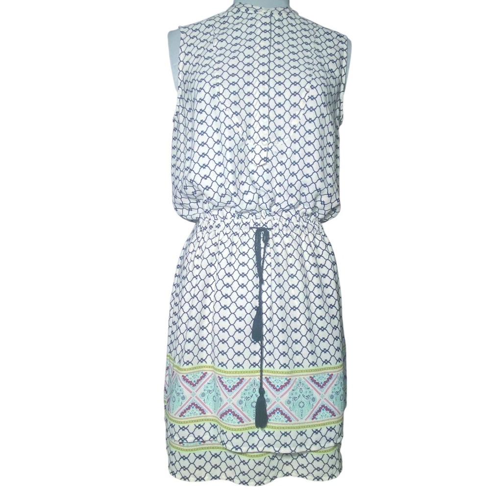 Collective‎ Concepts Womens Navy White Geometric Boho Tassel Mini Dress